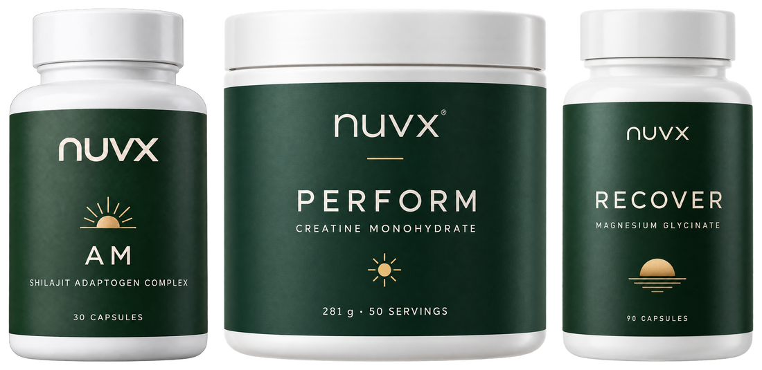 NUVX AM, PERFORM and RECOVER — the three products of the daily system, side by side.